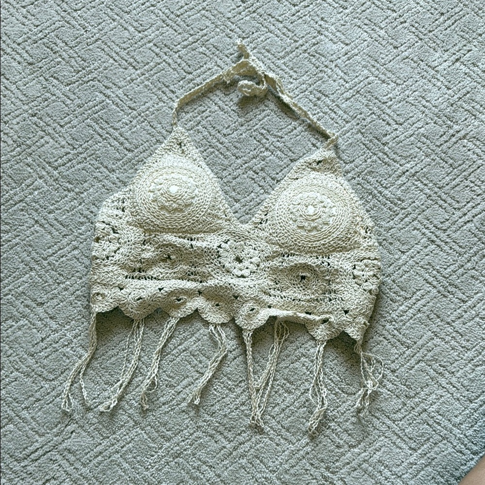SHEIN Cream Crochet Halter Crop Top